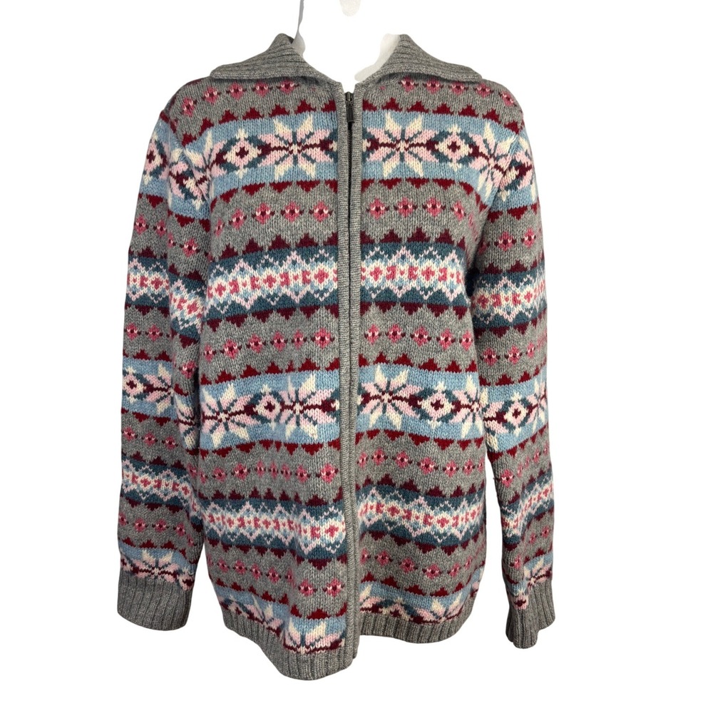 L.L. Bean Cardigan Sweater Womens L Grey Fair Isle Full Zip Wool Nordic Grandma‎